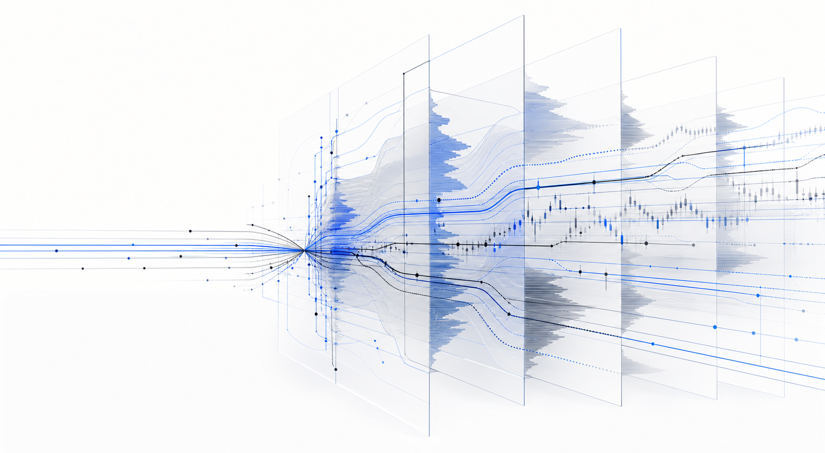 Abstract visualization of fragmented market routing and liquidity paths.
